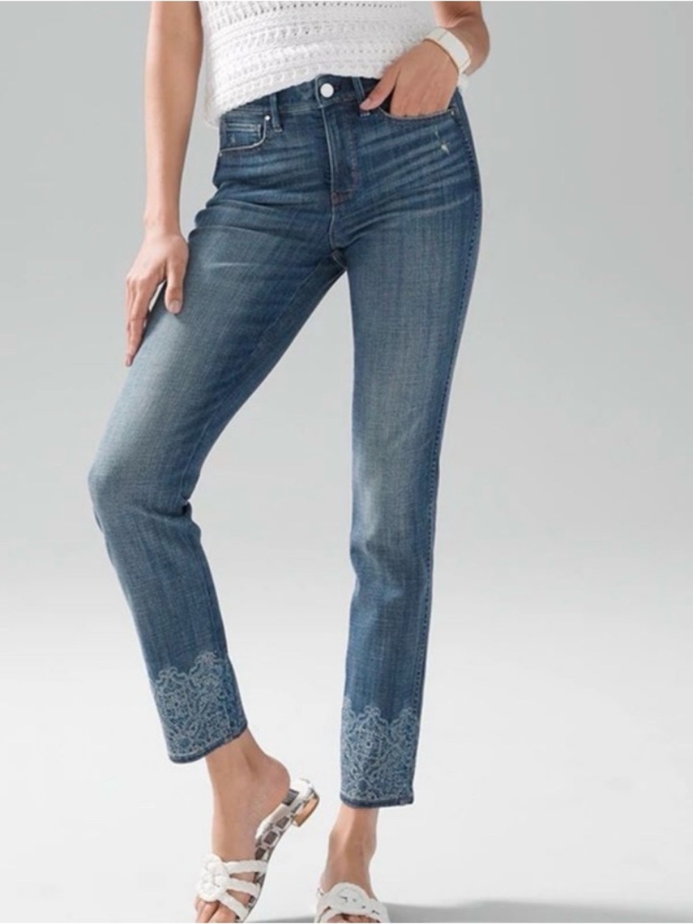 WHBM The Straight Boho Chic Jeans with Lace Print and Beaded Hem 10